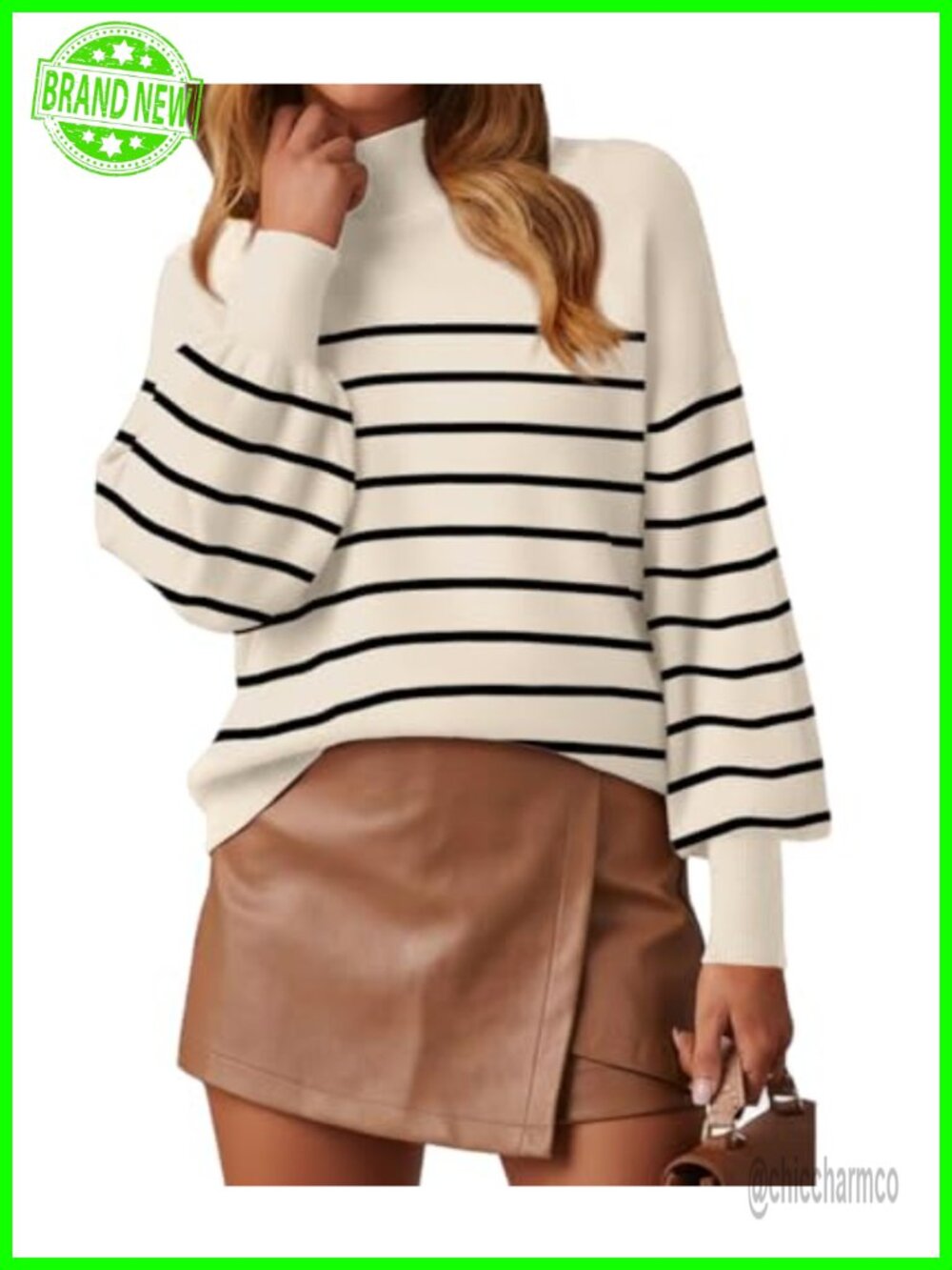 Women's Mock Neck Long Lantern Sleeve Knit Pullover Sweater Lightweight